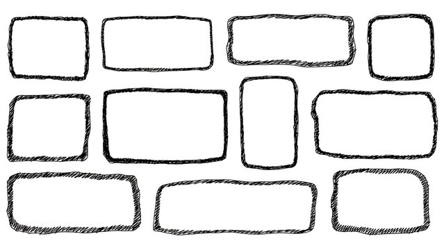Hand drawn blank rectangles with sketchy borders for text or image frames on a transparent background