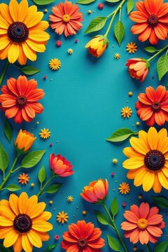 Colorful floral pattern featuring vibrant marigolds and sunflowers on a blue background , caribbean, mexico