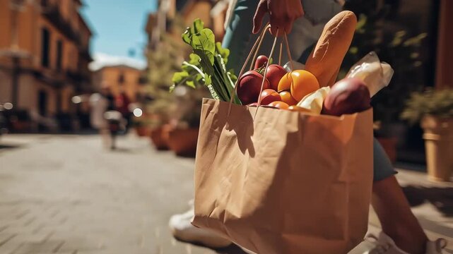 Person carrying a paper grocery bag with fresh food on a sunny city street, showing bread and vegetables in warm urban setting