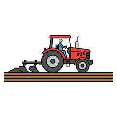 Fototapeta premium Red tractor plowing agricultural field isolated on white background farming and cultivation concept