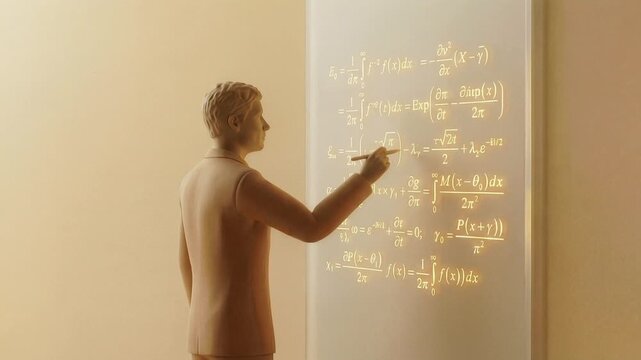 Man in suit writing mathematical equations on a glowing transparent board in a warm lit minimalist room