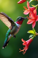 Fototapeta premium Colorful hummingbird sips nectar from honeysuckle flowers , humming motion, insect feeder