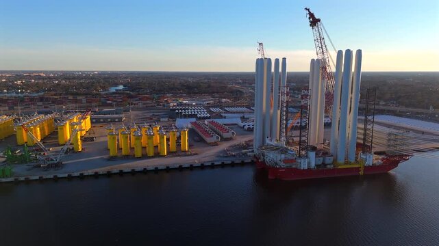 Close aerial view of wind turbine towers on jack-up vessel at Norfolk terminal