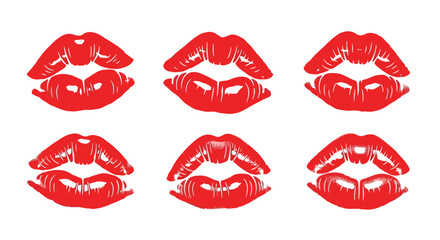 Six vibrant red lipstick kiss prints on a clean white background.