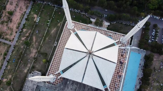 Aerial View of Faisal Mosque with Symmetrical Architecture and Landscaped Grounds in Islamabad