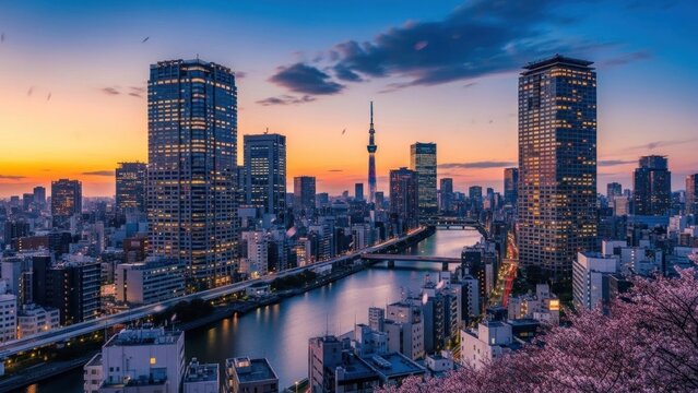 Tokyo skyline at sunset with cherry blossoms in bloom.
