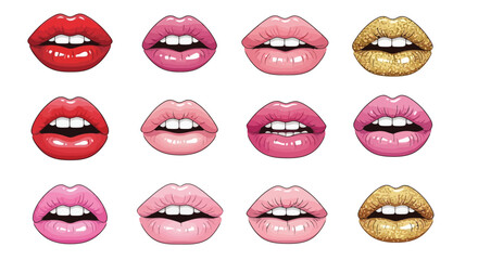 Collection of glossy lips in various shades of red, pink, and gold.