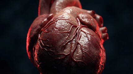 realistic human heart beating, dynamic motion capture, dark background, dramatic rim lighting, red highlights, visible blood vessels, cinematic shadows, high contrast, hyper realistic texture