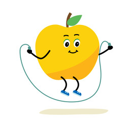 Jump Rope, Cute apple. The concept of gym, health, fitness, yoga and meditation with Lemon from the cartoon. Vector illustration.