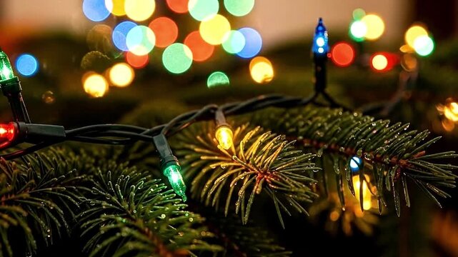 A magical close-up of a festive fir branch adorned with glowing, colorful string lights. The vibrant red, green, and blue bulbs illuminate the needles, with beautiful bokeh twinkling in the background