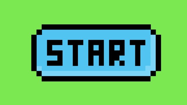 Vibrant retro pixel art 'START' button design for digital interfaces and gaming applications, symbolizing new beginnings, play, and interactive user experience