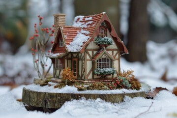 Naklejka premium Small tudor style cottage model sitting on a tree stump covered in snow in a winter forest setting