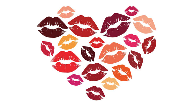 Heart shape made of colorful lipstick kiss prints on a white background.