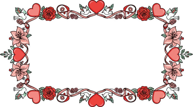 Ornate floral frame with hearts, roses, lilies and doves
