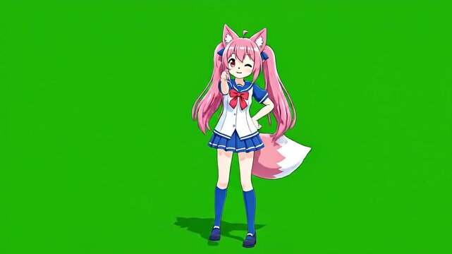 Cute Anime Fox Girl Character Dancing on Green Screen.