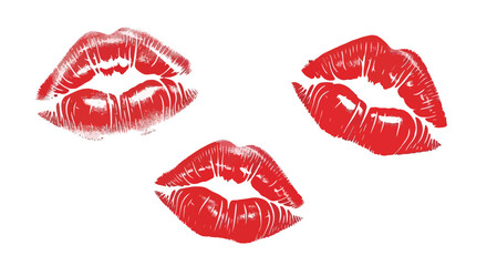 Three vibrant red lipstick kiss prints on a white background.