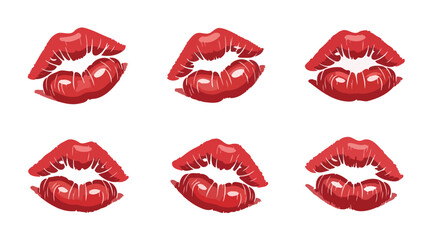 Fototapeta premium Six vibrant red lipstick kiss marks on a white background.