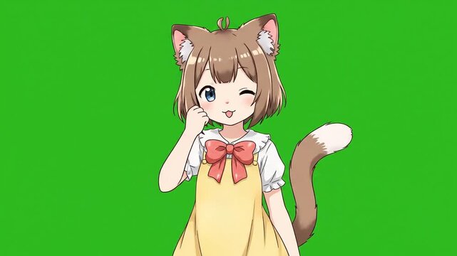 Cute Anime Cat Girl Waving and Winking on Green Screen.