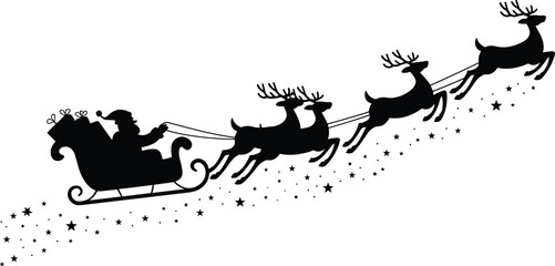 Silhouette of Santa Claus in a sleigh pulled by reindeer with gifts and stars against a white background a festive Christmas scene © MdMoktar