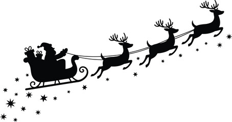 Silhouette of Santa Claus in his sleigh pulled by reindeer with gifts and stars against a white background for holiday © MdMoktar