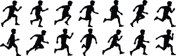 Silhouette of a young boy running in various dynamic poses across a white background illustrating motion and athleticism