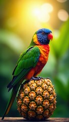 Obraz premium Colourful bird perched on a pineapple under the sun, outdoor, flower