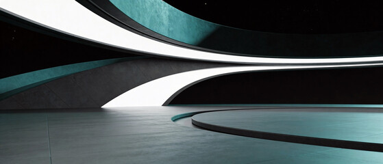Fototapeta premium Futuristic abstract interior with sweeping teal and black curved arches, glowing white light bands, glossy reflective floor, circular platform, and starry cosmic view in the background