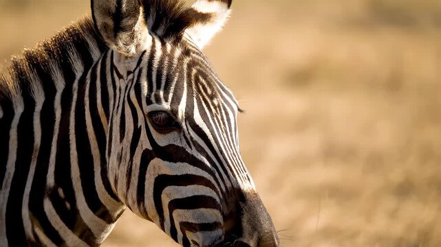 Striking close-up portrait of African zebra in golden savanna light