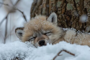Fototapeta premium Adorable swift fox pup sleeping peacefully in the snow during a winter snowfall