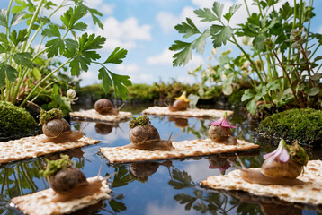 A close-up photograph of a common garden snail with a brown shell crawling on fresh spring grass during the Passover holiday season.