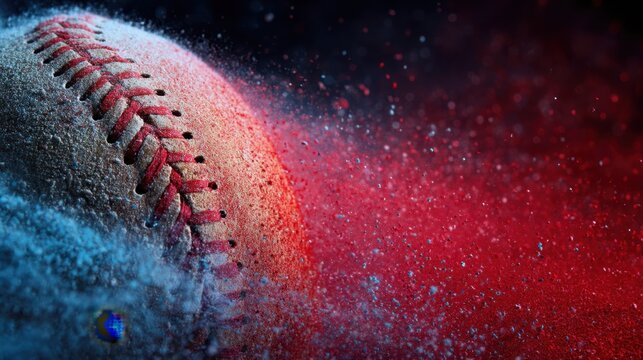 Baseball covered in red and blue powder against a dark background. Dynamic sports concept for advertising and team spirit.