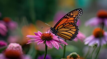 Fototapeta premium Monarch butterfly with delicate wings perches on a vibrant purple coneflower with dew drops. Nature and spring concept for garden and insect studies.