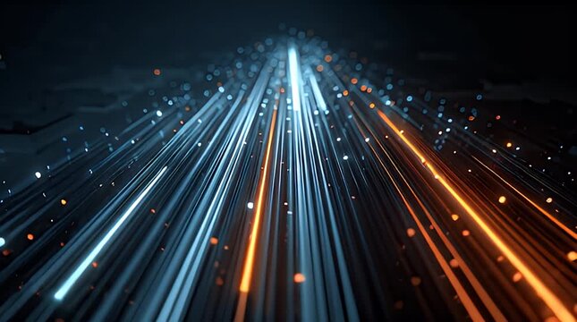 Dynamic, futuristic light streaks convey speed and innovation. Ideal for illustrating technology, data transmission, or forward momentum in business p