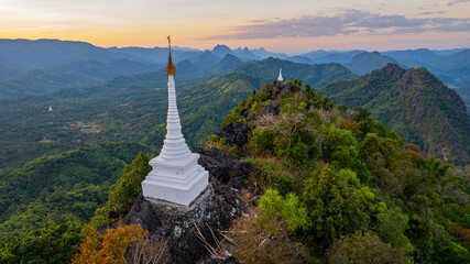 Stunning natural views with a white pagoda on the mountaintop in  Karen State, Myaing Gyi Ngu Township, Myanmar  (Burma) New country kawthoolei