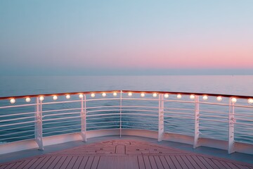 Obraz premium Deck view with illuminated railings. Evening sky over ocean. Wooden deck with open water