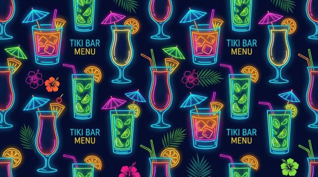 Colorful neon tiki bar menu design featuring various cocktails, tropical flowers, and palm leaves against a dark background, ideal for summer-themed events and parties