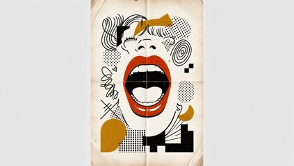 Abstract illustration of a woman's mouth open wide with bold graphic elements and vintage paper texture