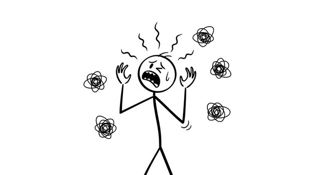 stickman, stick figure, stressed stick figure illustration, anxiety and panic doodle character, anxiety and panic doodle character, mental stress concept line drawing