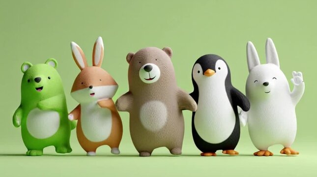 Group of Cute 3D Animals Dancing, Front View, Happy Waving Bears and Rabbits, Seamless Loop Character Animation
