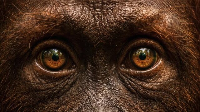 Extreme close up of primate eyes with detailed skin texture and intense gaze