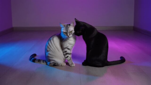 Two cats in purple mood lighting room