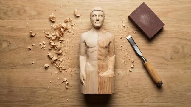 Woodcarving of a human figure on wooden table with chisel, sandpaper block, and scattered wood shavings