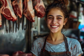 Obraz premium Young butcher smiling in front of hanging meat in a butcher shop