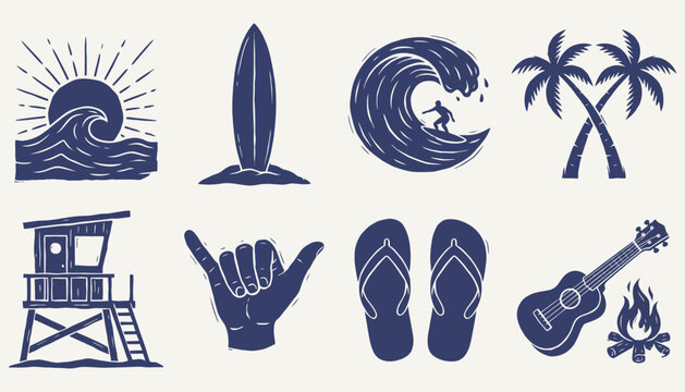 Vintage Surf and Beach Culture Icon Set in Woodcut Style
