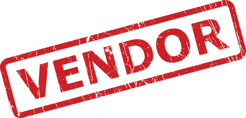 Red vendor rubber stamp impression identifying a supplier or seller on a clean white backdrop