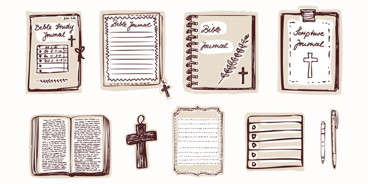 Hand drawn bible study notes journal set motif for christian contemplative reflection. Black and white bible studies element for scripture verse sticker, retreat faith bundle. Isolated illustration