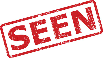 The word SEEN is prominently displayed in a bold red distressed rubber stamp on a pristine white background
