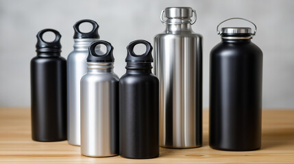 Black and silver stainless steel water bottles, fitness hydration essentials, reusable beverage containers, sustainable drinking vessels, eco-friendly active lifestyle, metal bottle