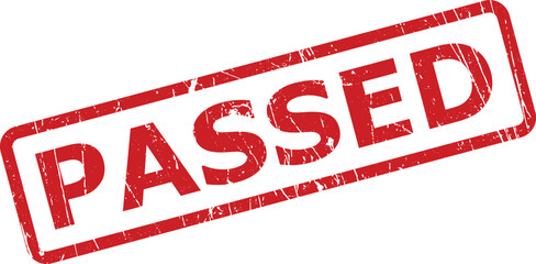 This image presents a weathered red rectangular stamp with the word PASSED clearly visible against a bright white backdrop