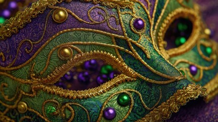 Fototapeta premium Ornate green and gold venetian mask with intricate bead detailing.
